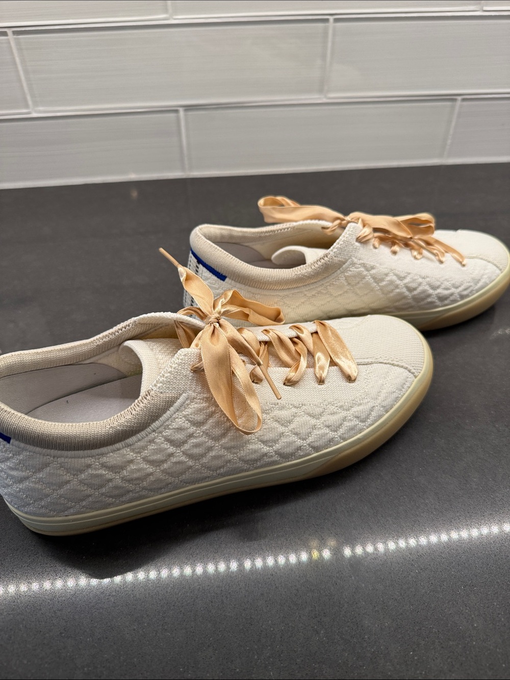 Rothy's Ivory Knit Sneakers with Satin Champagne Laces - Picture 4 of 5
